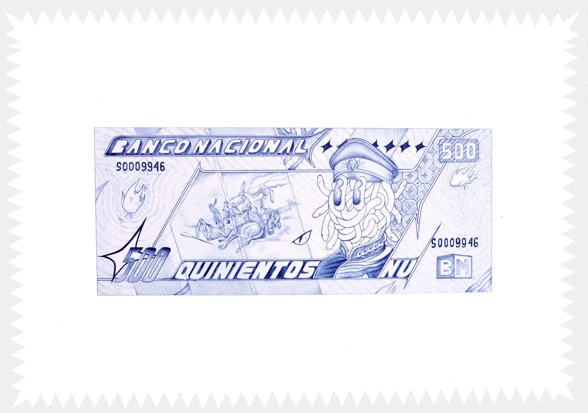 Billete falso, Pluma bic sobre papel, por Eduardo Pavón